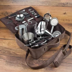 Barstuff Bartasche aus Leder, braun, Prime Bar - mit Barzubehör (Tin in Tin)