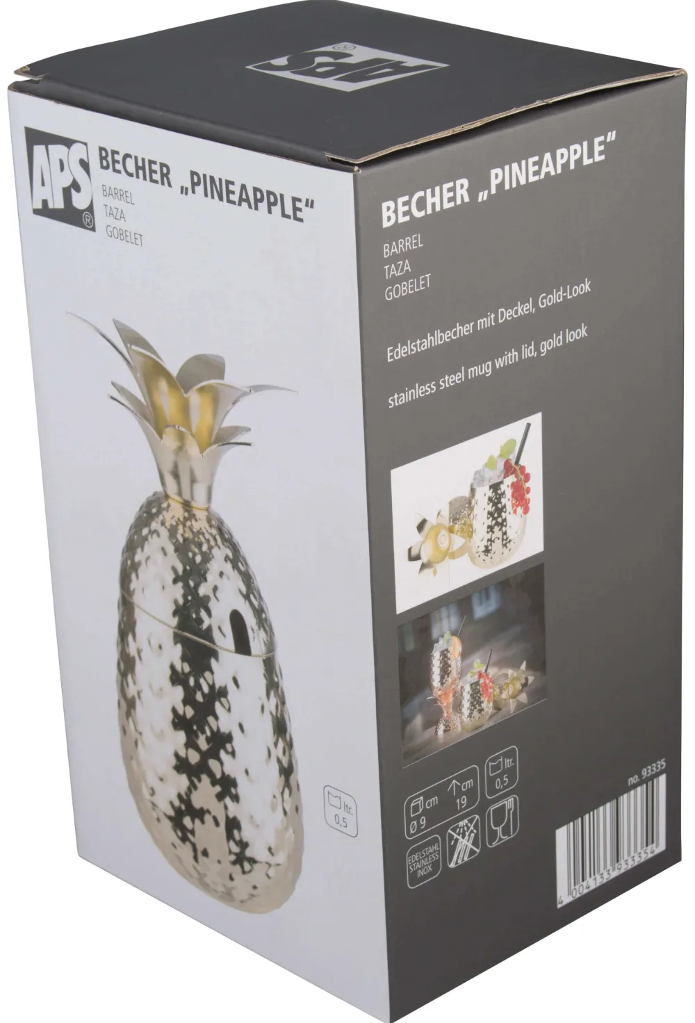 Barstuff Edelstahlbecher "Ananas" mit Deckel, Gold-Look - 500ml