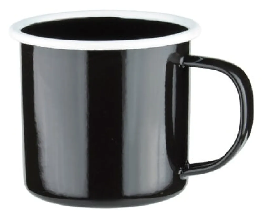 Barstuff Emaille-Becher mit Henkel, schwarz mit weißem Rand - 360ml