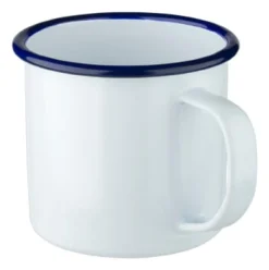 Barstuff Emaille-Becher mit Henkel, weiß mit blauem Rand - 360ml