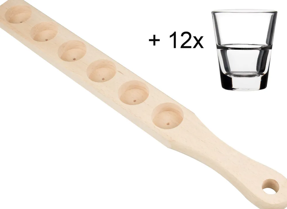 Barstuff Schnapslatte Holz, 50,5cm - inkl. 12 Shotgläser