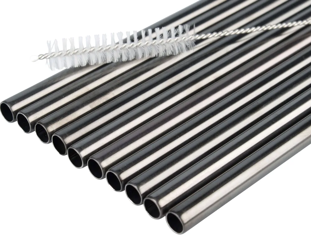 Barstuff Trinkhalme, Edelstahl (8x215mm), schwarz GMB - 10 Stk.-Set mit Reinigungsbürste