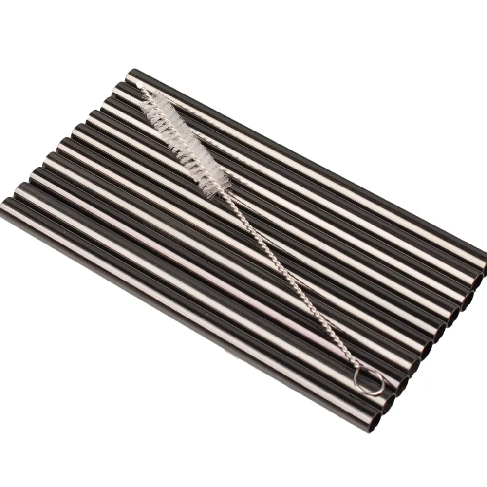Barstuff Trinkhalme, Edelstahl (8x150mm), schwarz GMB - 10 Stk.-Set mit Reinigungsbürste