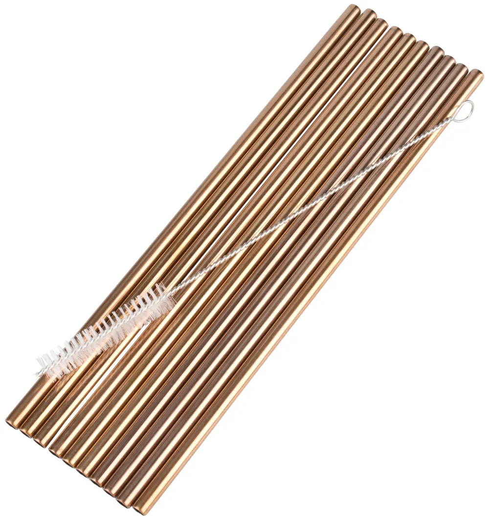Barstuff Trinkhalme, Edelstahl (6x215mm), kupferfarben - 10 Stk.-Set mit Reinigungsbürste