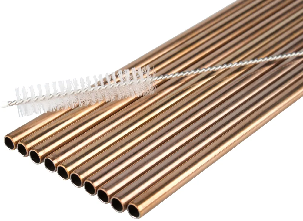 Barstuff Trinkhalme, Edelstahl (6x215mm), kupferfarben - 10 Stk.-Set mit Reinigungsbürste
