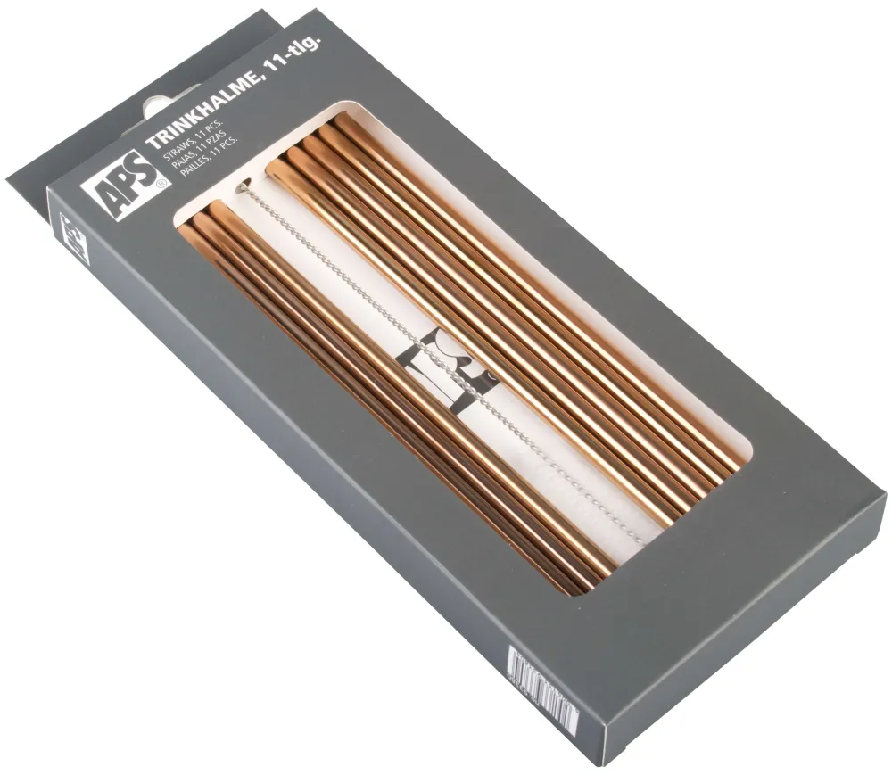 Barstuff Trinkhalme, Edelstahl (6x215mm), kupferfarben - 10 Stk.-Set mit Reinigungsbürste