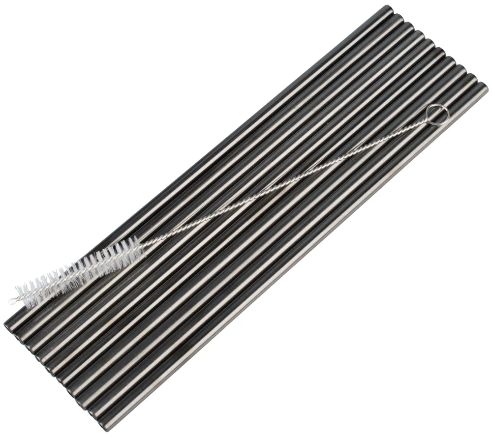 Barstuff Trinkhalme, Edelstahl (6x215mm), schwarz GMB - 10 Stk.-Set mit Reinigungsbürste