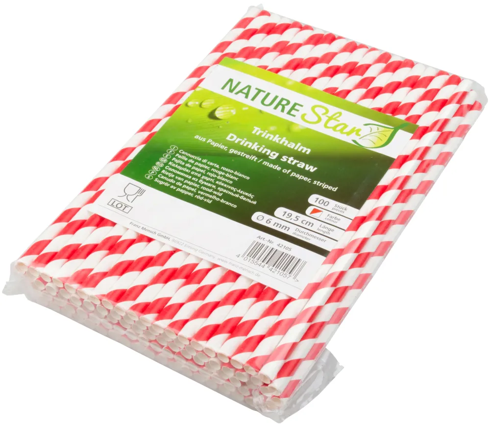 Barstuff Trinkhalme, Papier (6x195mm) - rot-weiß gestreift (100 Stk.)
